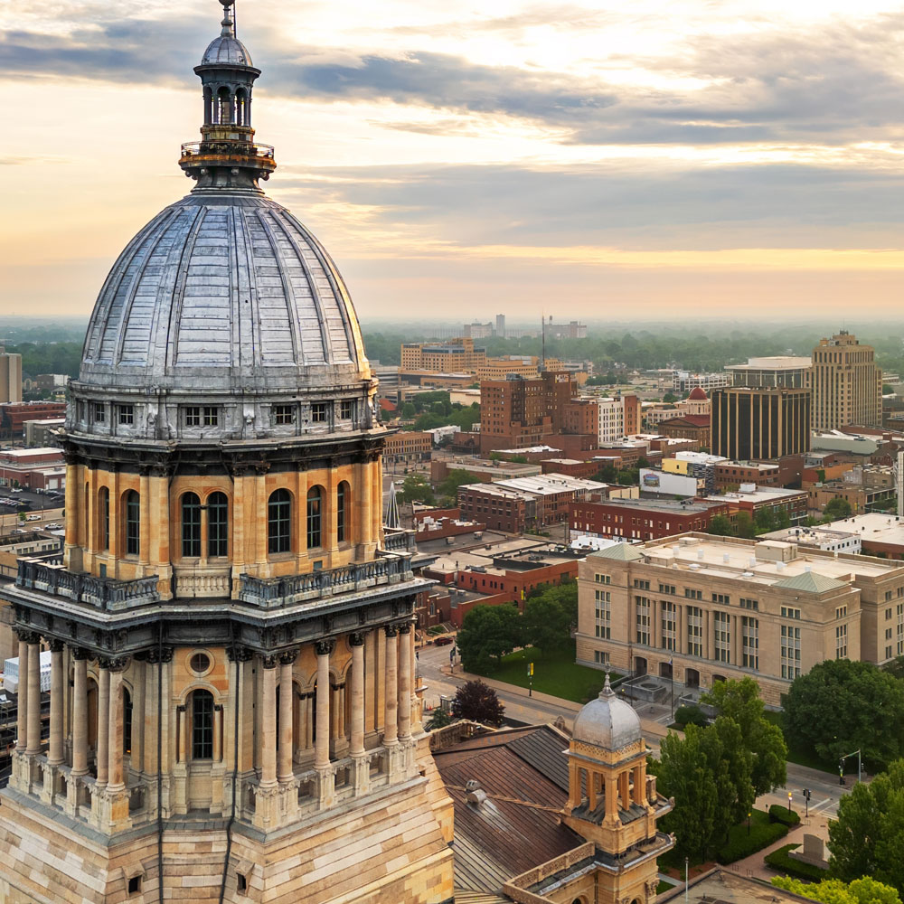 a photo of springfield IL in its prime from a drone showing its beautiful structures