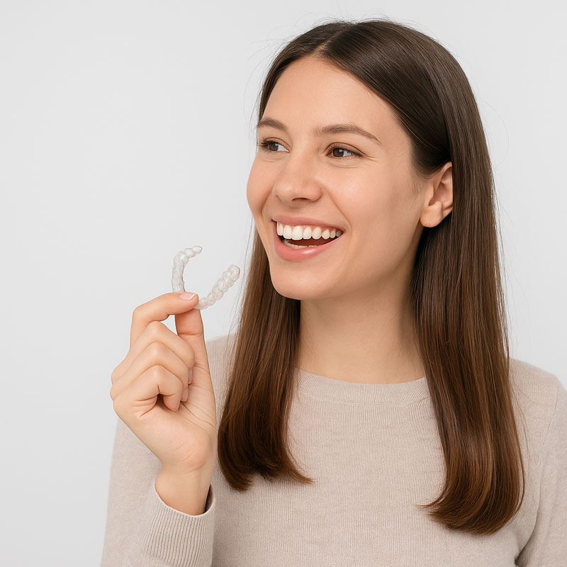a woman holding up an invisalign clear aligner with brown hair
